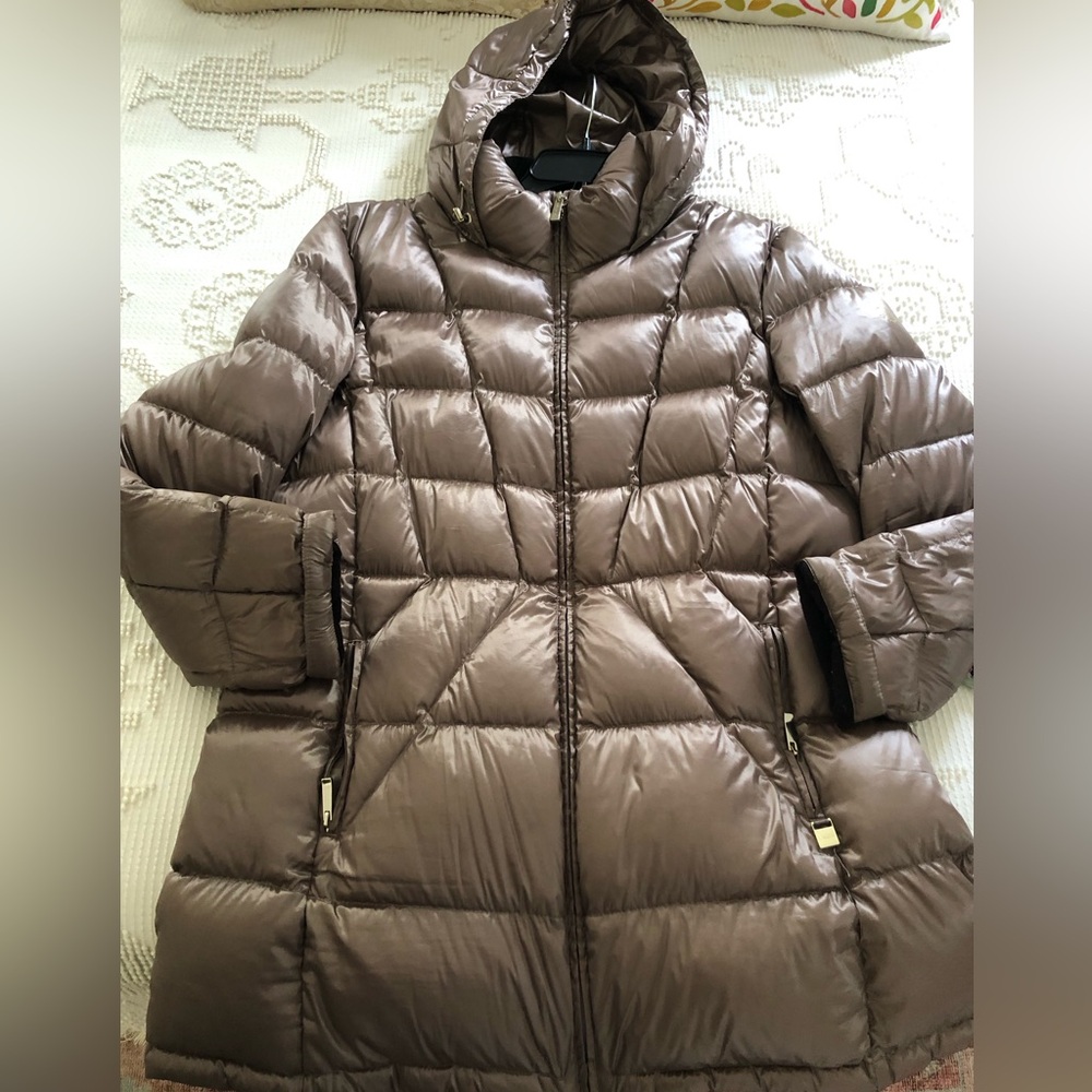 Calvin Klein Quilted Hooded Puffer Coat in Taupe Brown